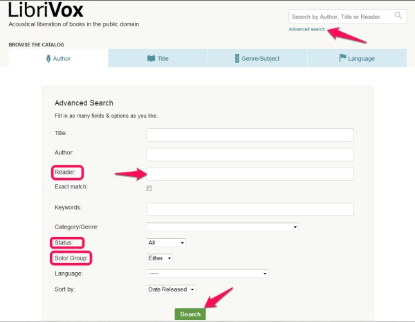 Screenshot LibriVox catalogue Advanced Search